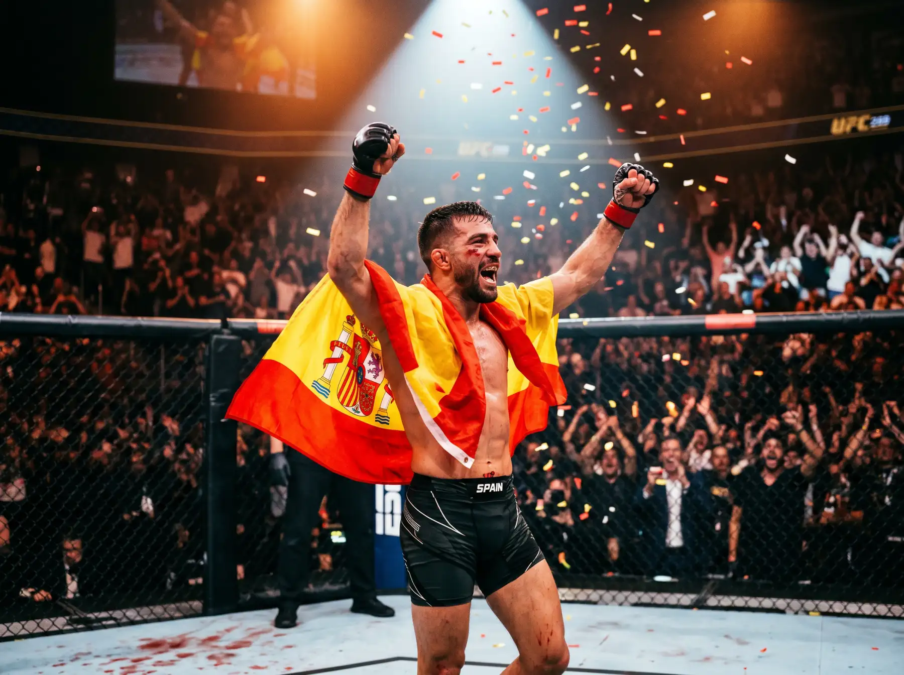 Luchador de MMA peso pluma en el octágono UFC, estilo representativo del efecto Topuria en apuestas españolas