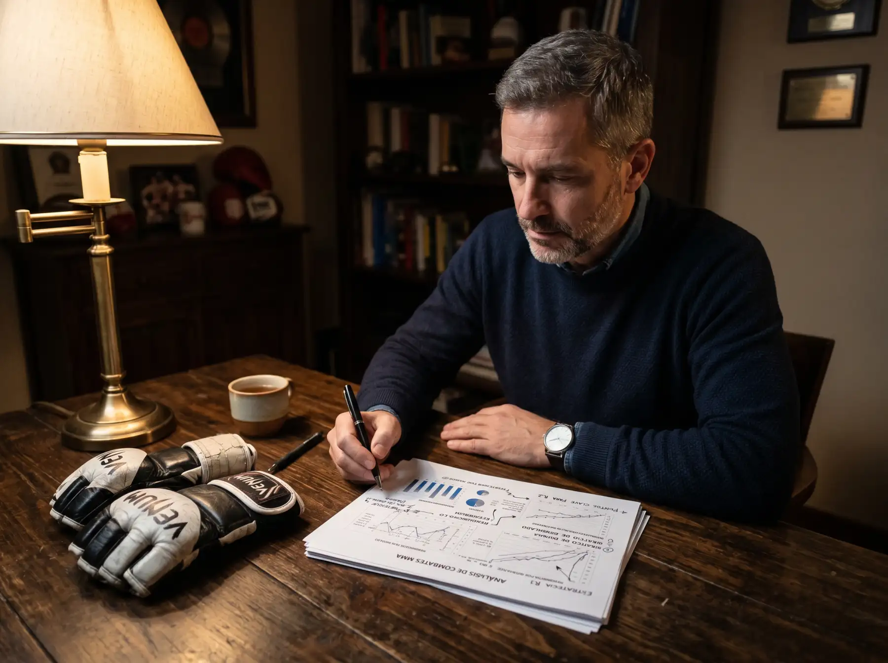 Apostador analizando cuotas UFC en pantalla: moneyline, método de victoria y over/under rounds
